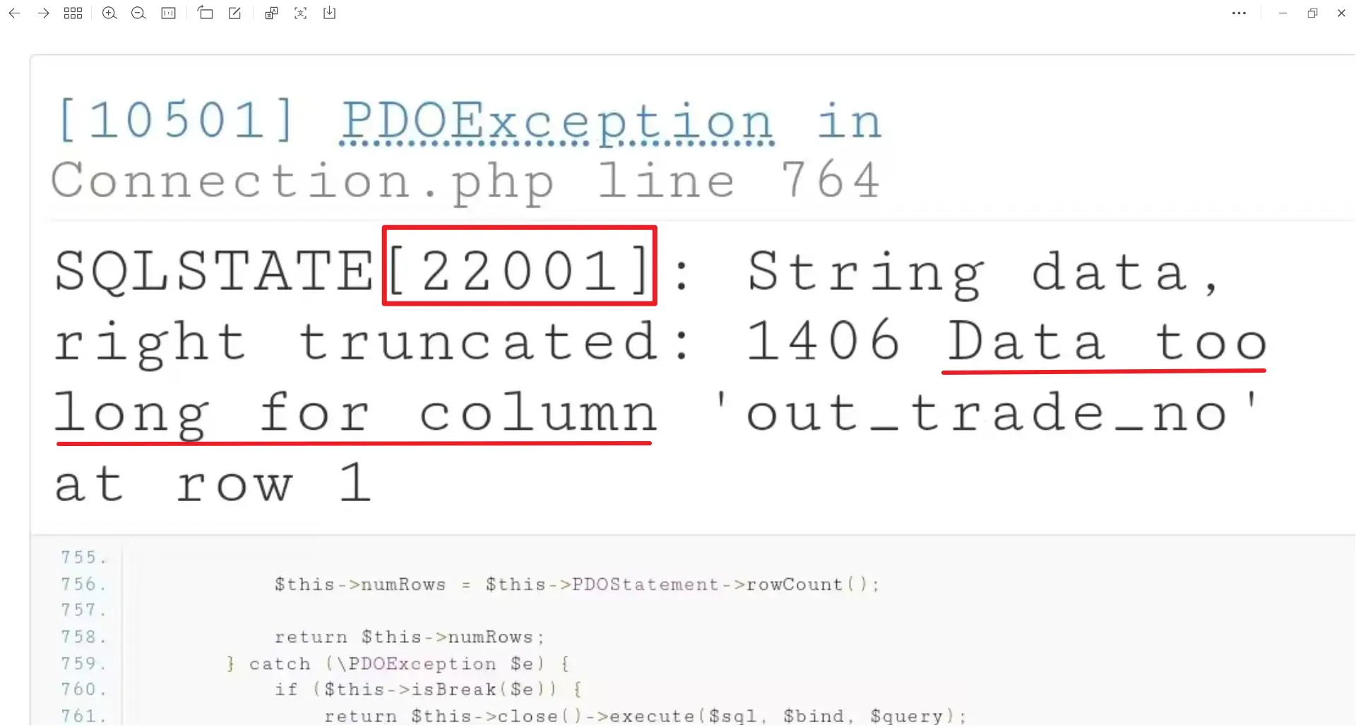 [亲测解决]SOLSTATEL22001]:String data,1406 Data tooright truncated:long for columnout_trade_noat row 1-学社山中人